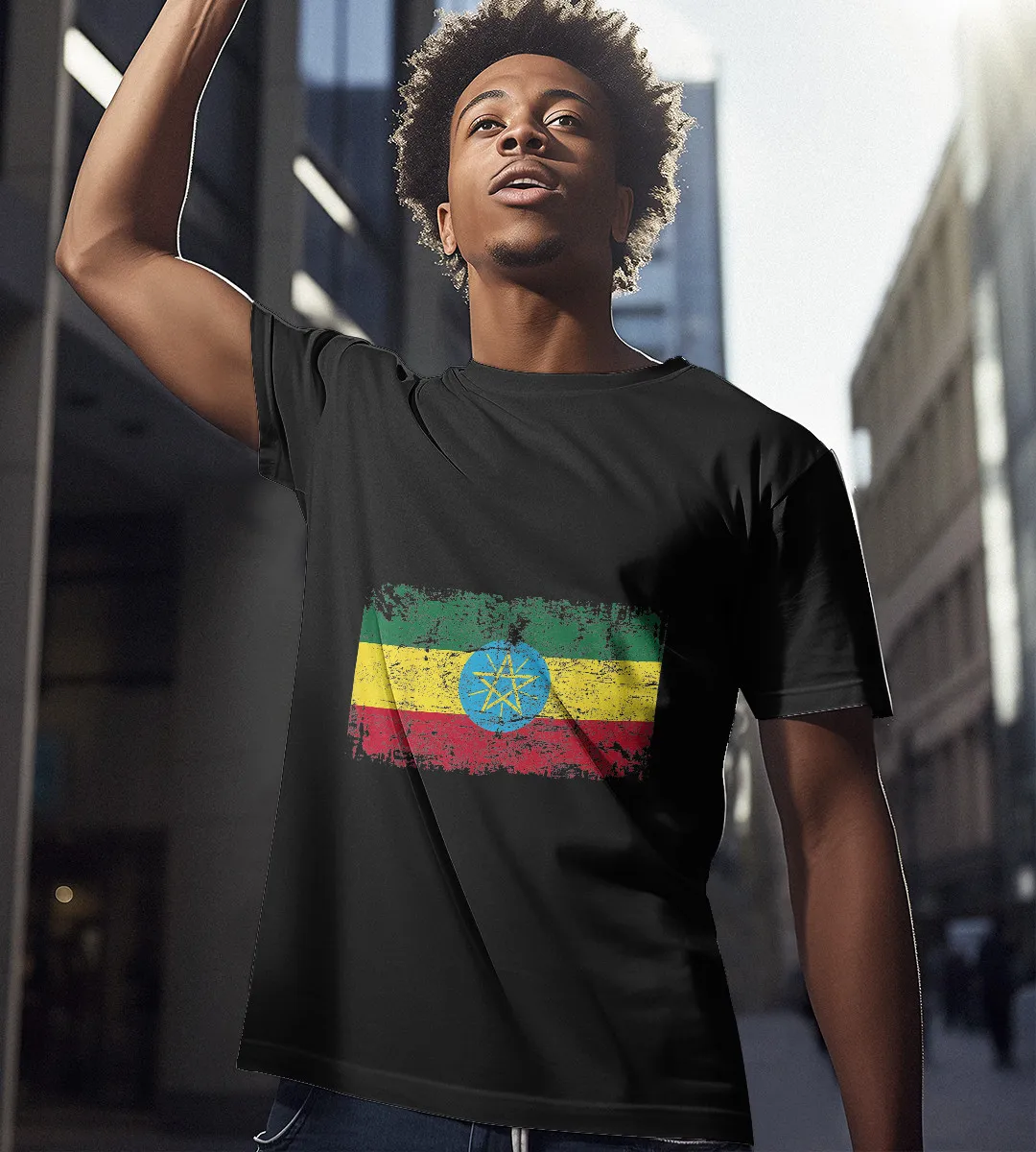 1sttheworld T-Shirt - ETHIOPIA Flag Vintage T-Shirt Black A35