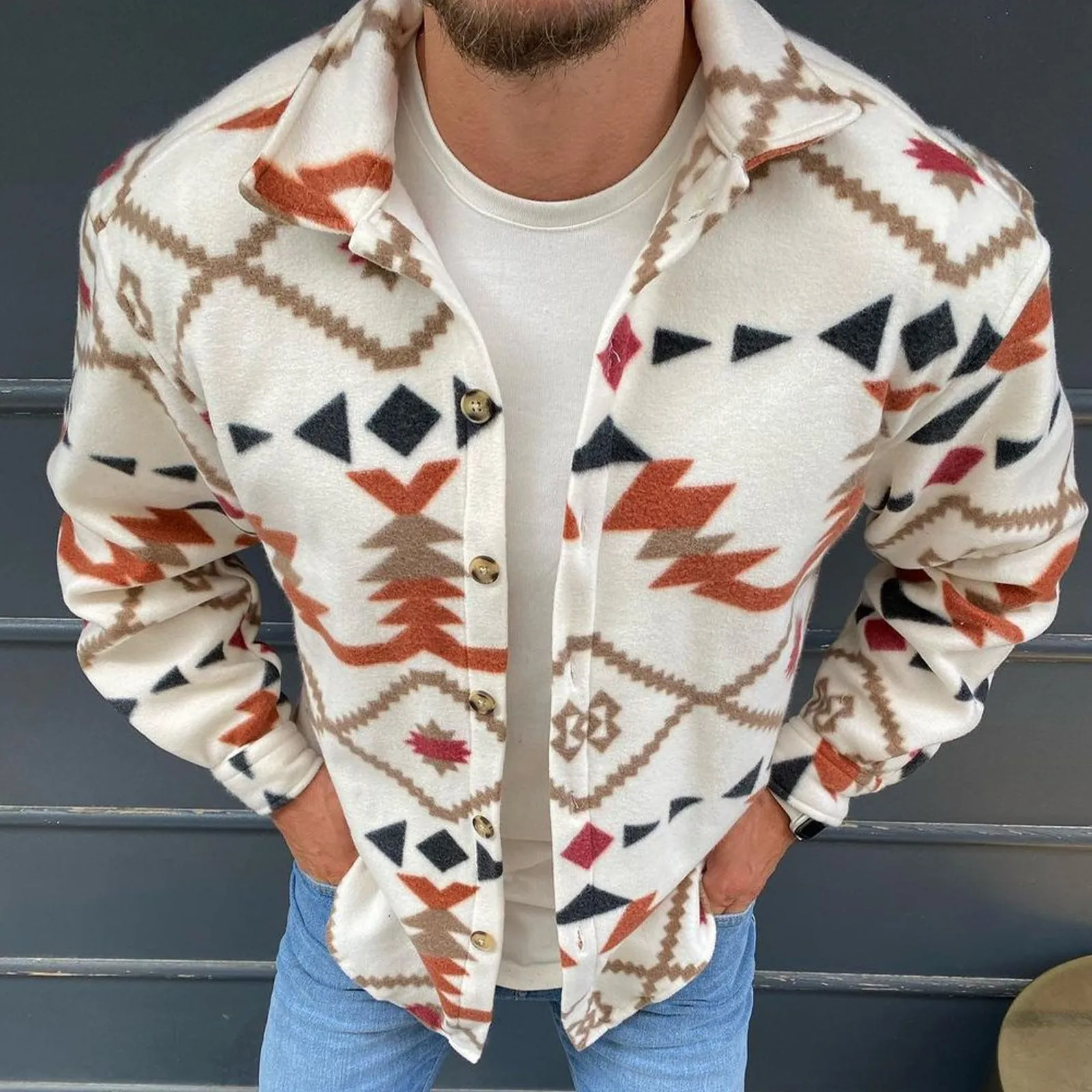 CASUAL GEOMETRIC FLANNEL SHIRT JACKET