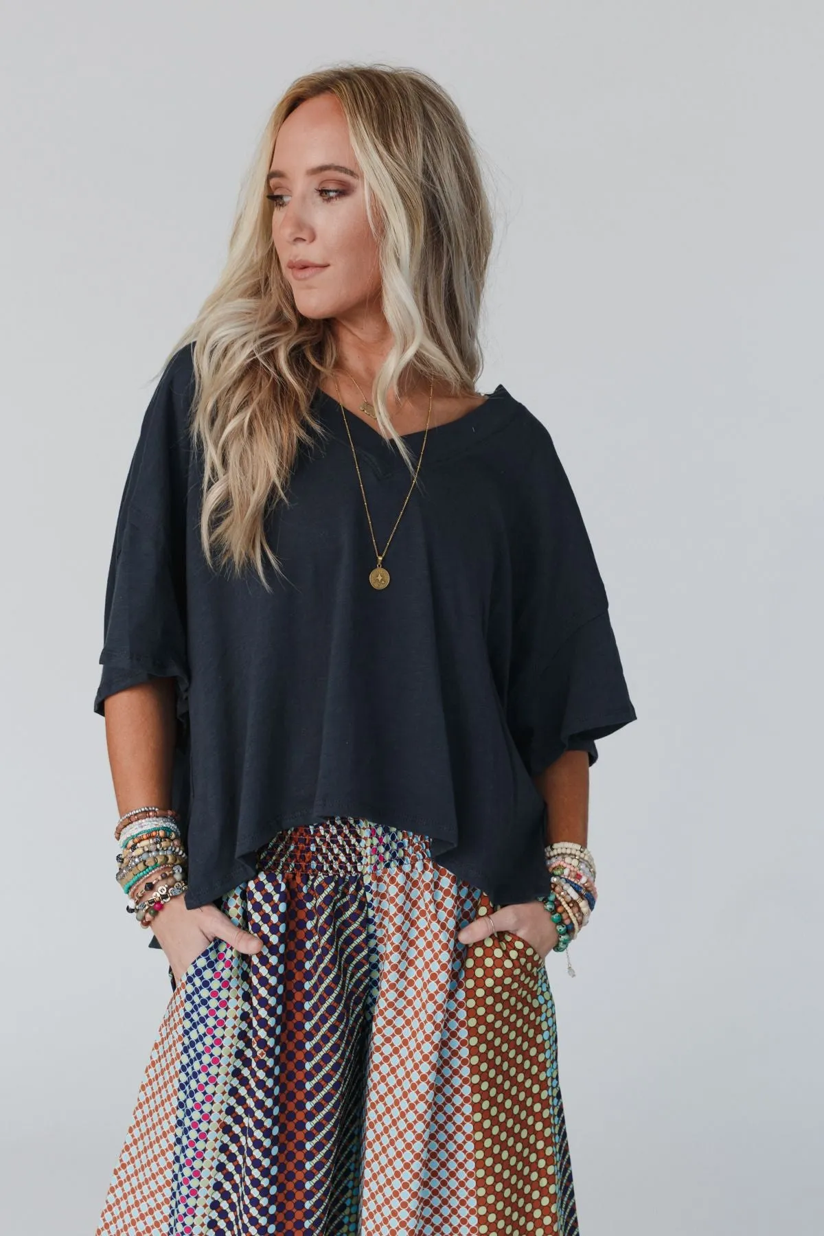 Cozy Oversized Slub V Neck Top - Navy