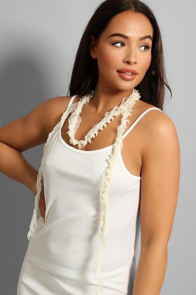 Cream Vintage/Boho Style Thin Lace And Pearls Scarf