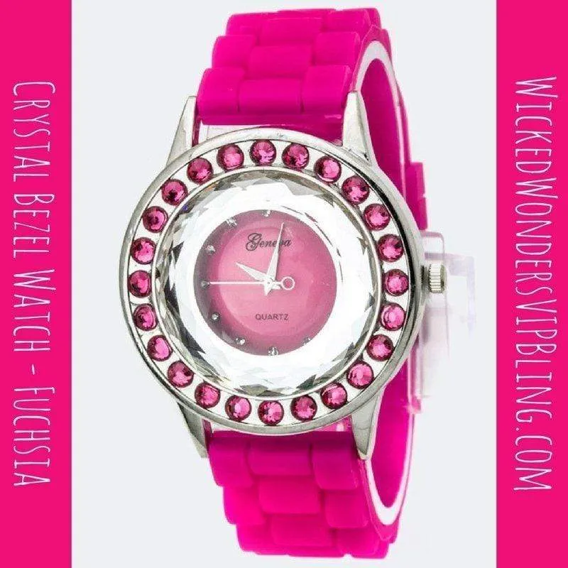 Crystal Bezel Watch - Fuchsia