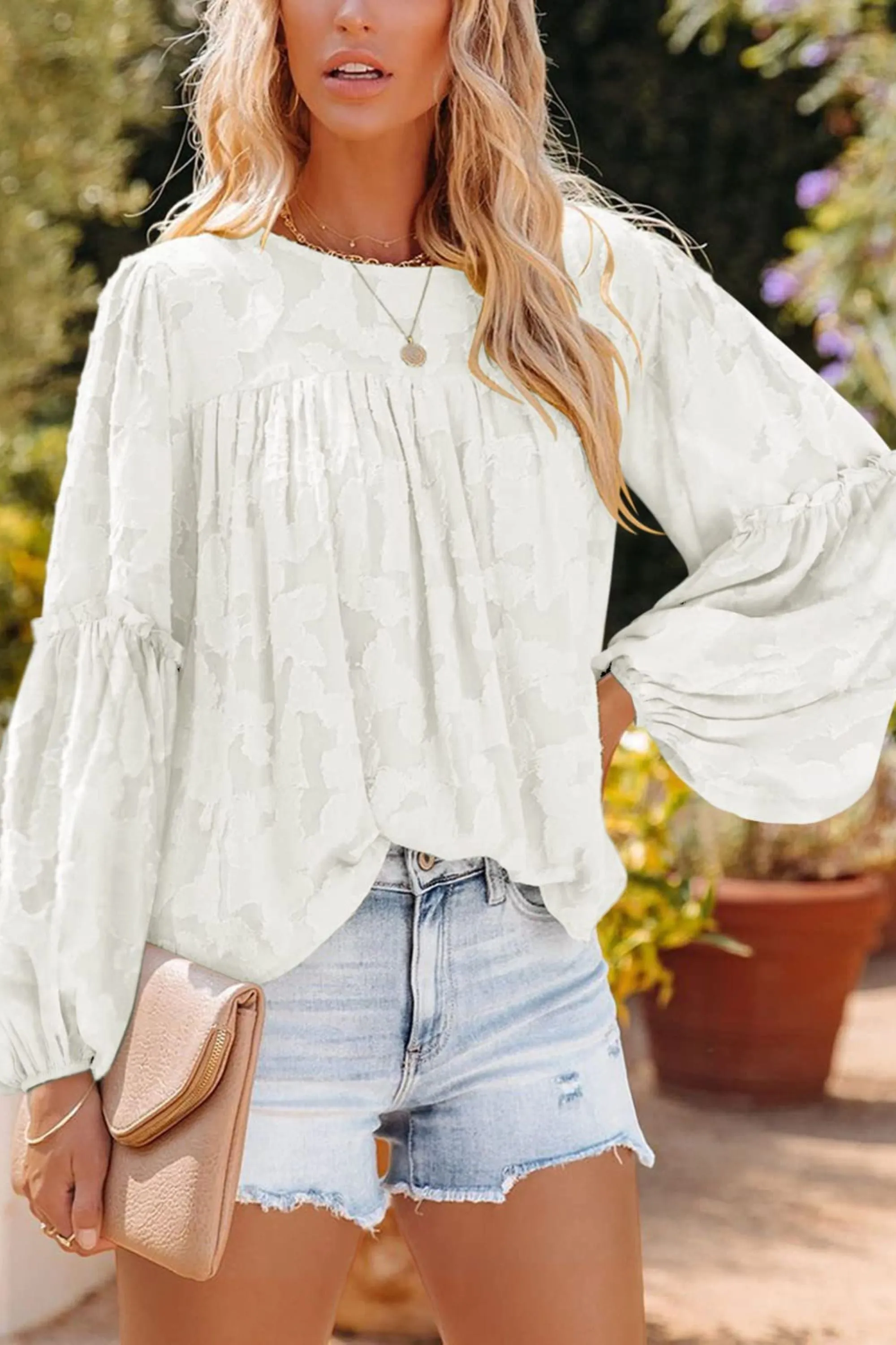 Ellie Textured Floral Long Sleeve Top - White