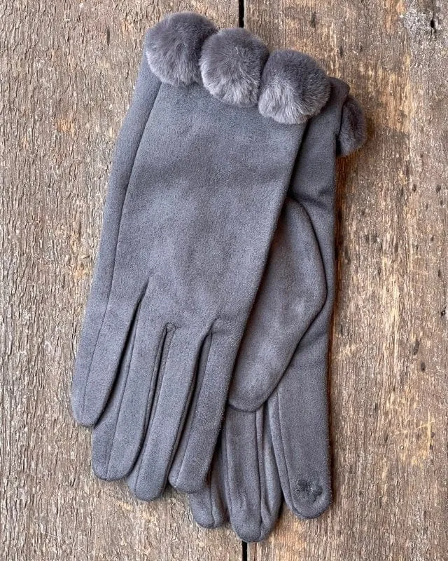 Faux Fur Pom Pom Gloves - Grey