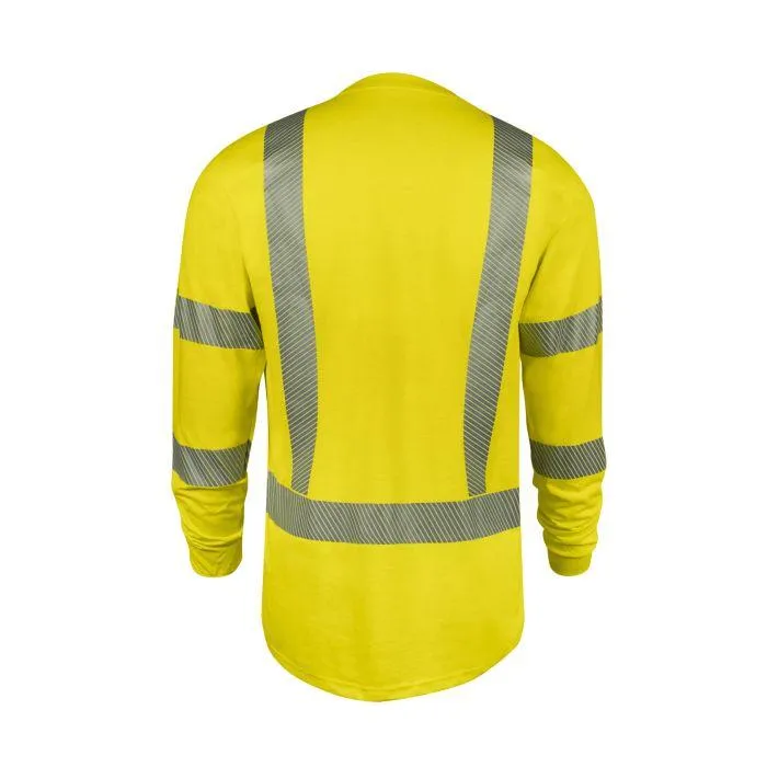 Hi-Vis Long Sleeve T-Shirt - Pocket, Fire (FR) and Arc Flash Resistant, 2 in. Silver Segmented Reflective Trim, Type R Class 3-National Safety Apparel