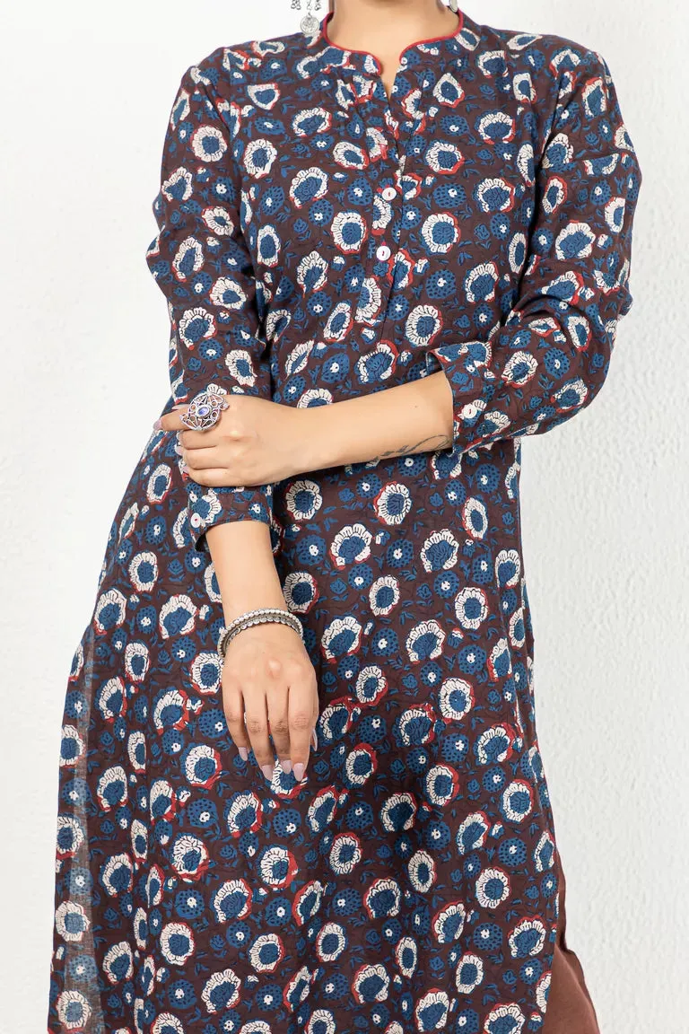 Indigo & Maroon Hand Block Jaota Print Kurta