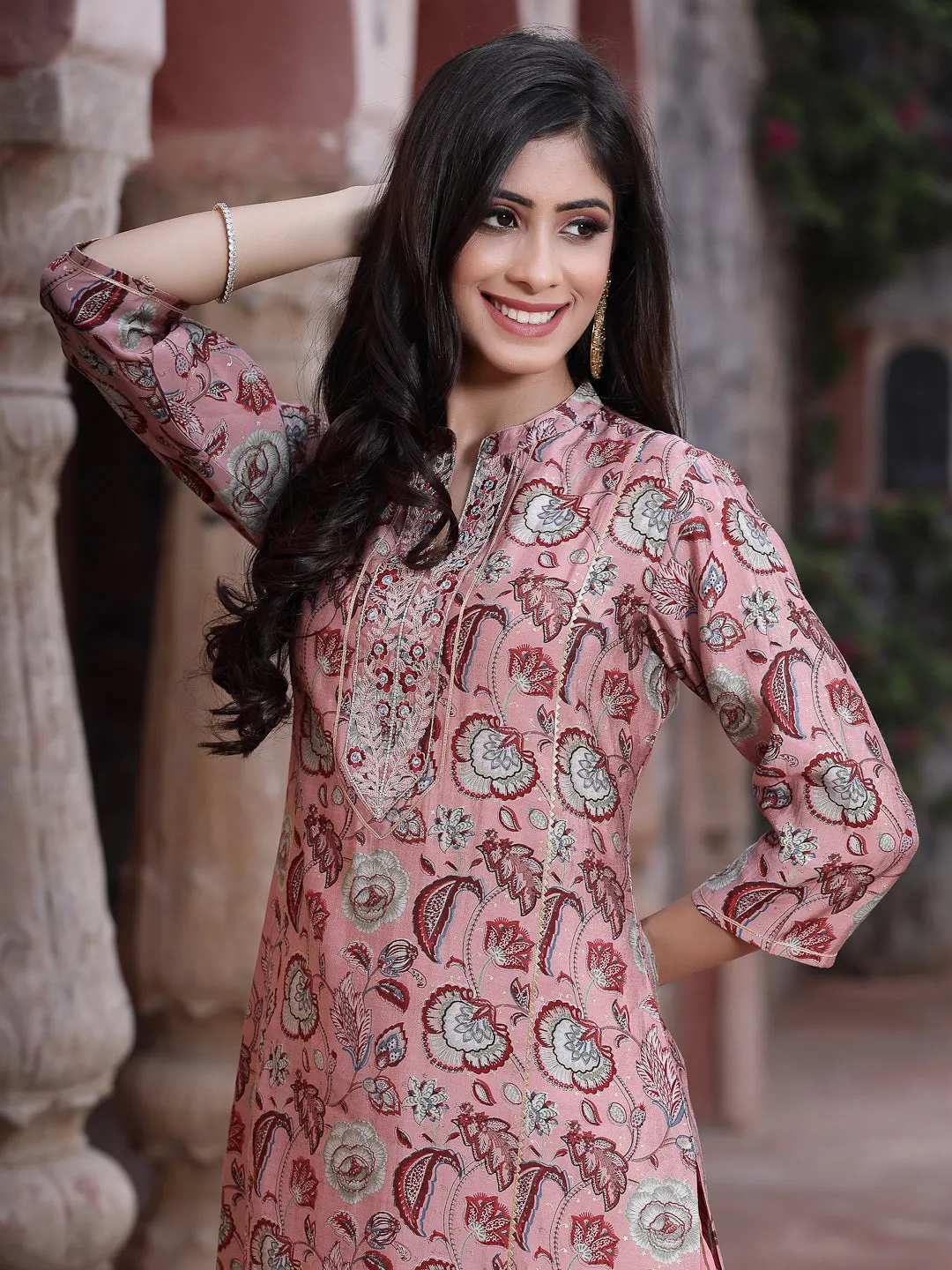 Juniper Onion Pink Floral Printed & Embroidered Muslin Kurta & Cotton Pants Set