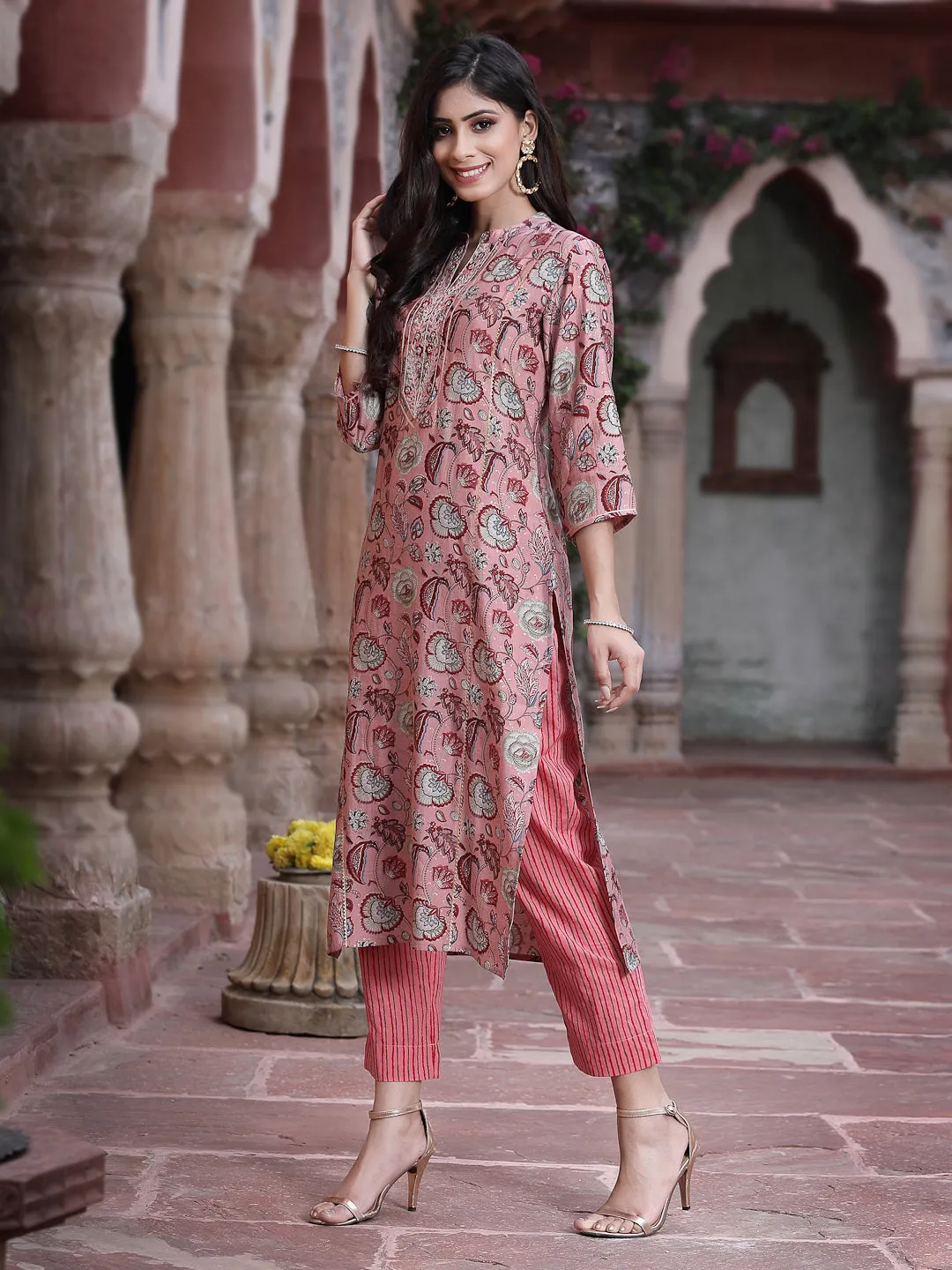 Juniper Onion Pink Floral Printed & Embroidered Muslin Kurta & Cotton Pants Set