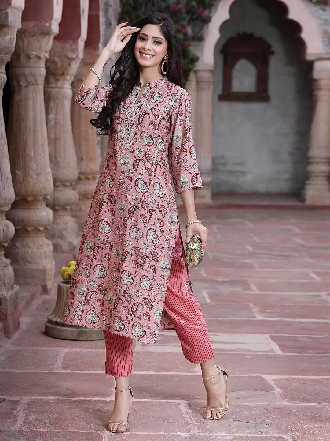 Juniper Onion Pink Floral Printed & Embroidered Muslin Kurta & Cotton Pants Set