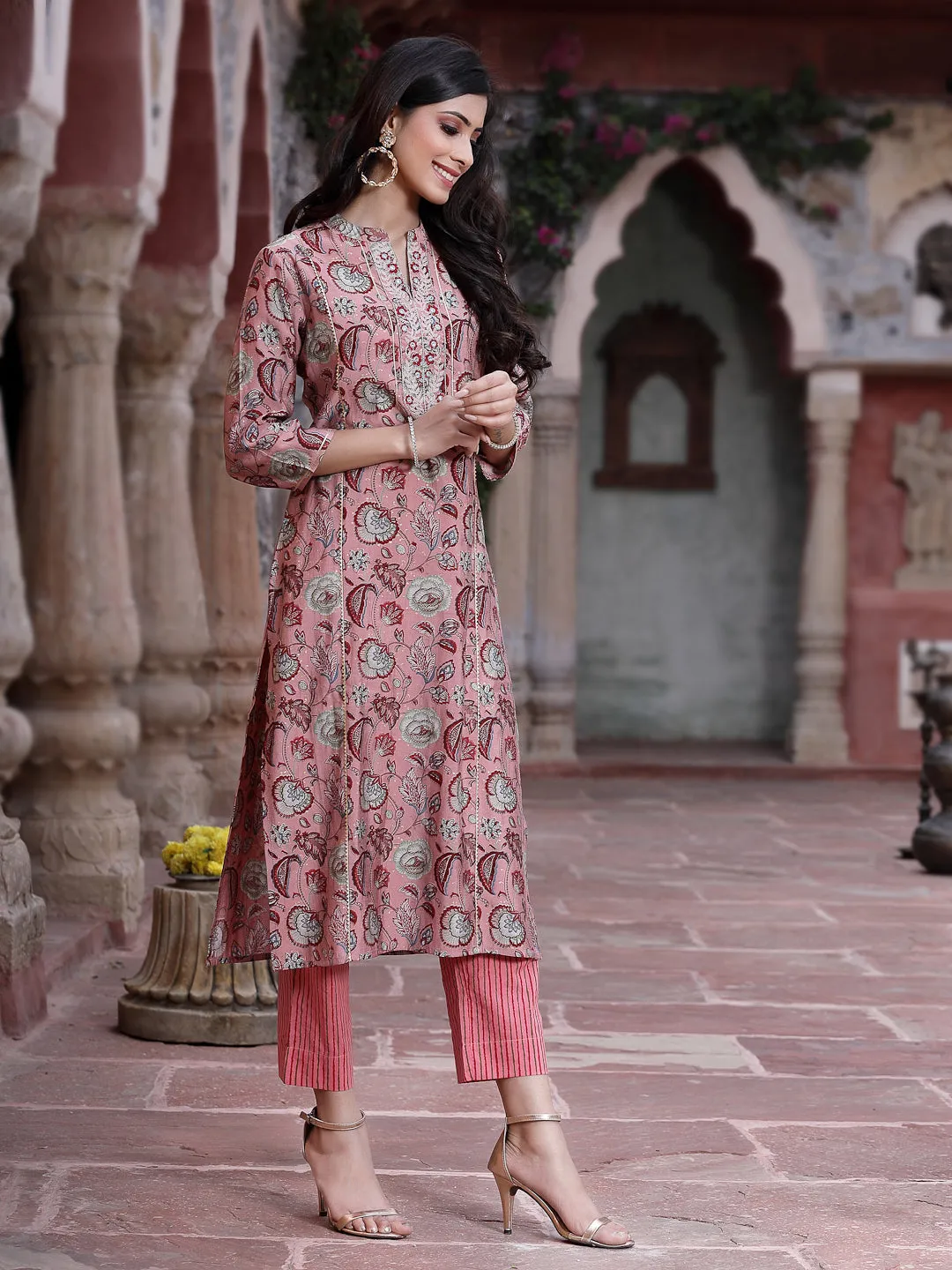 Juniper Onion Pink Floral Printed & Embroidered Muslin Kurta & Cotton Pants Set