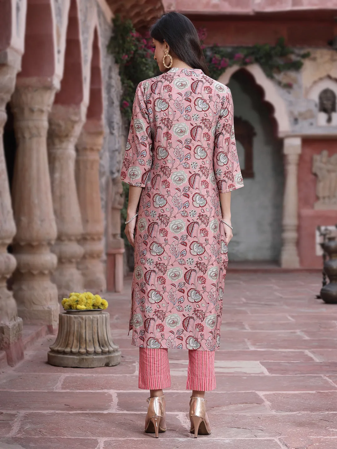 Juniper Onion Pink Floral Printed & Embroidered Muslin Kurta & Cotton Pants Set