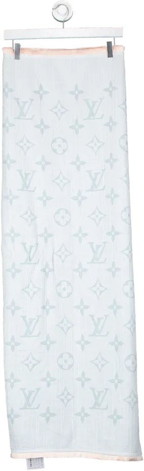 Louis Vuitton Pale Blue / Grey Lv Logo Cotton Fringed Scarf 100x100cm