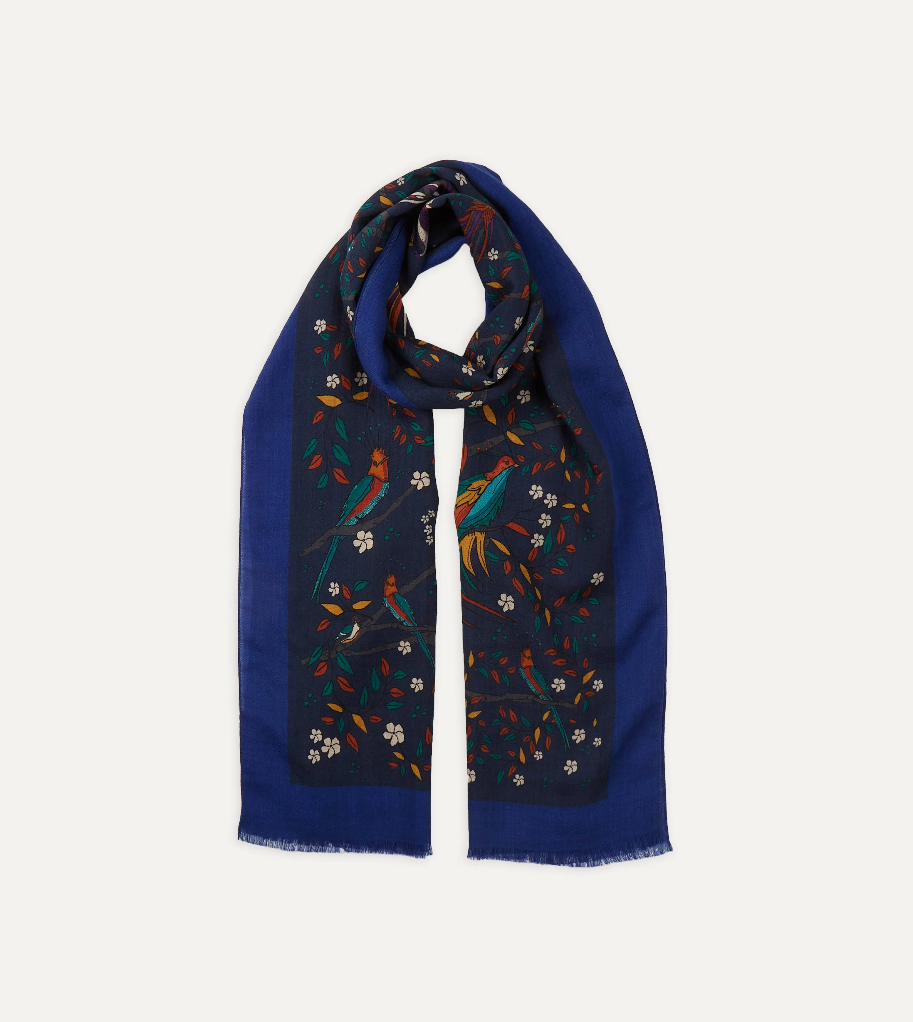 Navy Birds of Paradise Print Wool Scarf