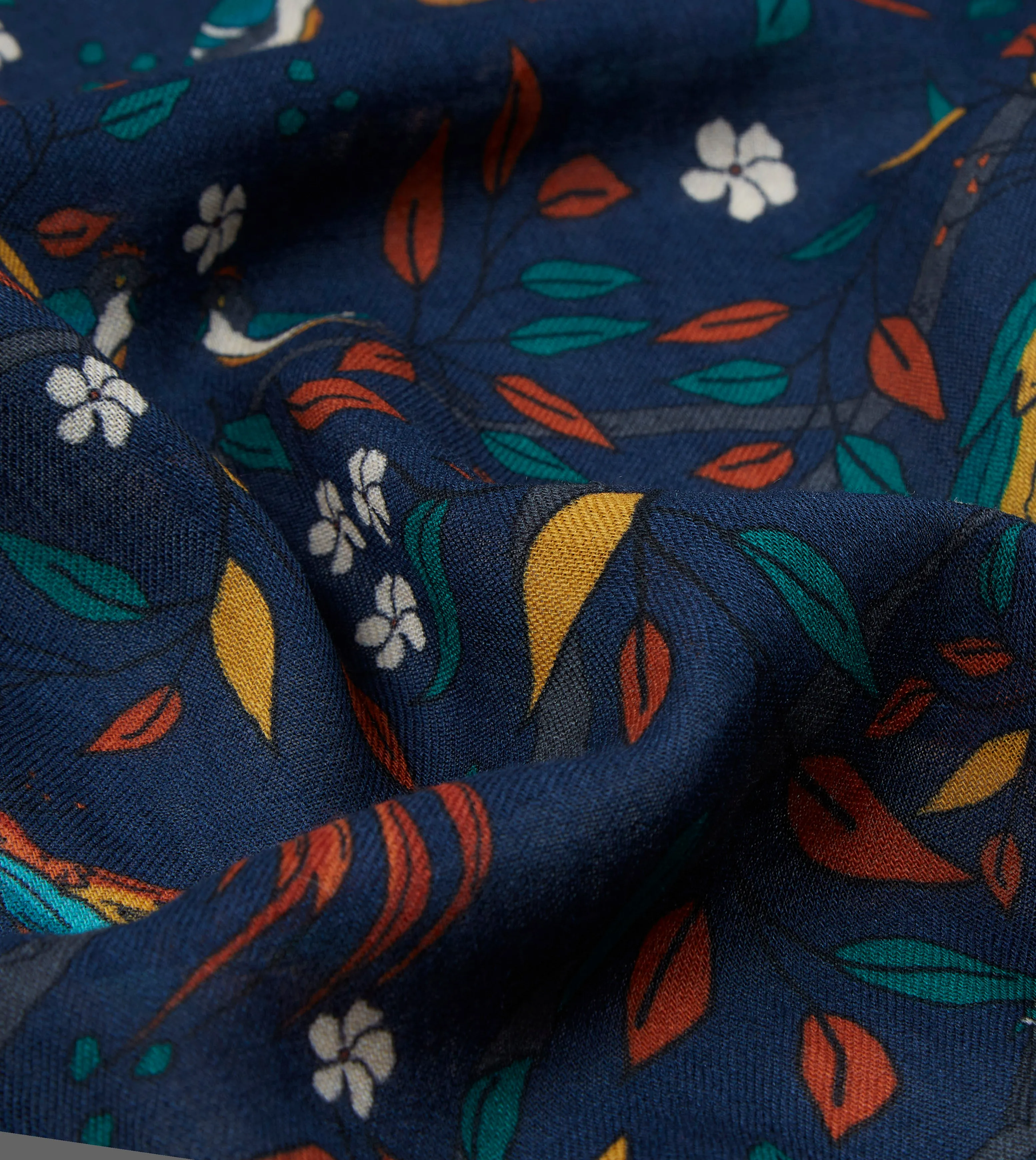 Navy Birds of Paradise Print Wool Scarf