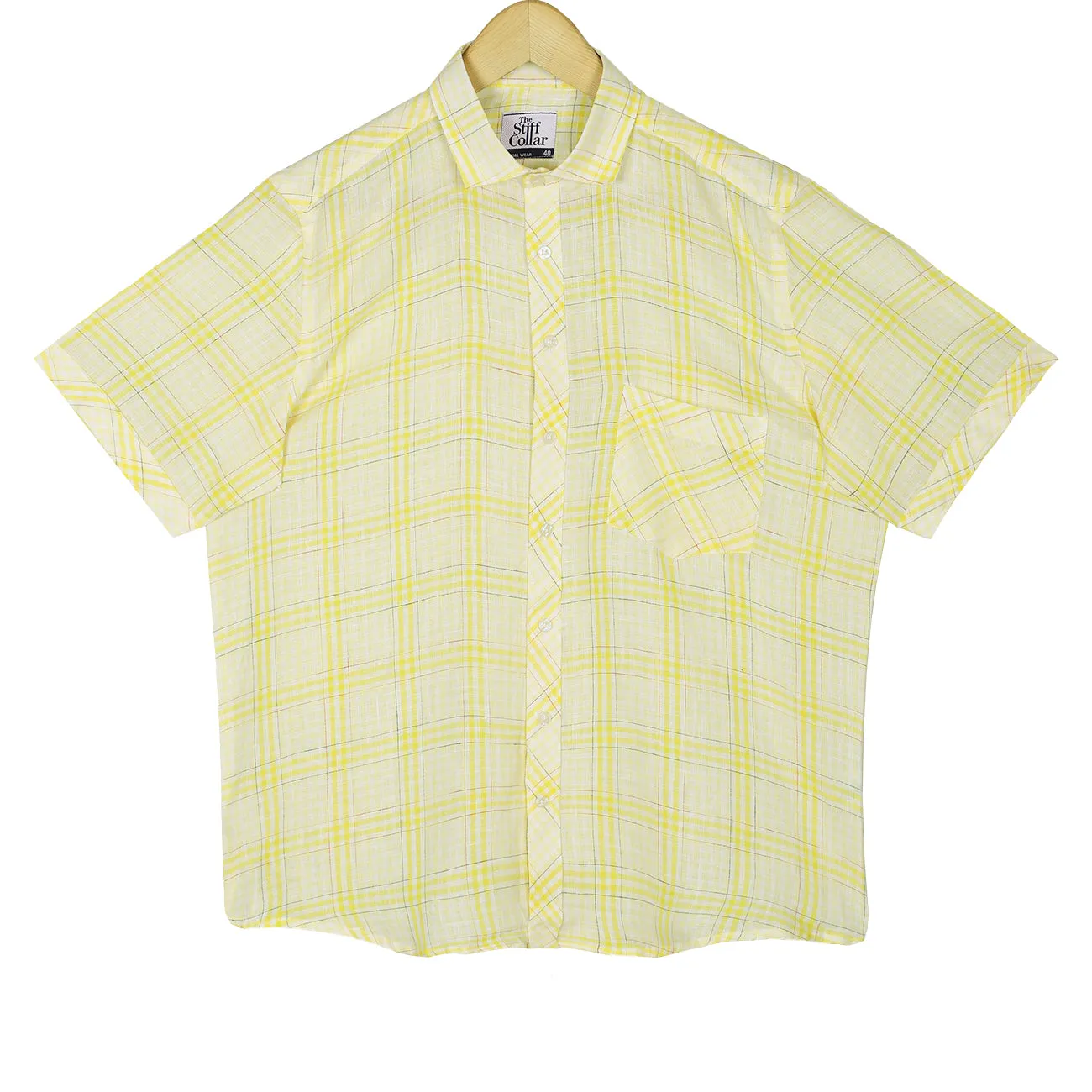 Pastel Yellow Checks Pure Linen Half Sleeve Shirt