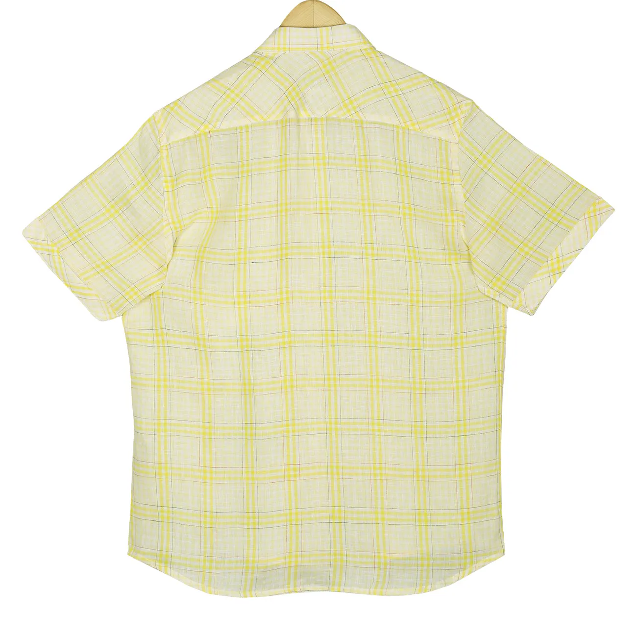 Pastel Yellow Checks Pure Linen Half Sleeve Shirt