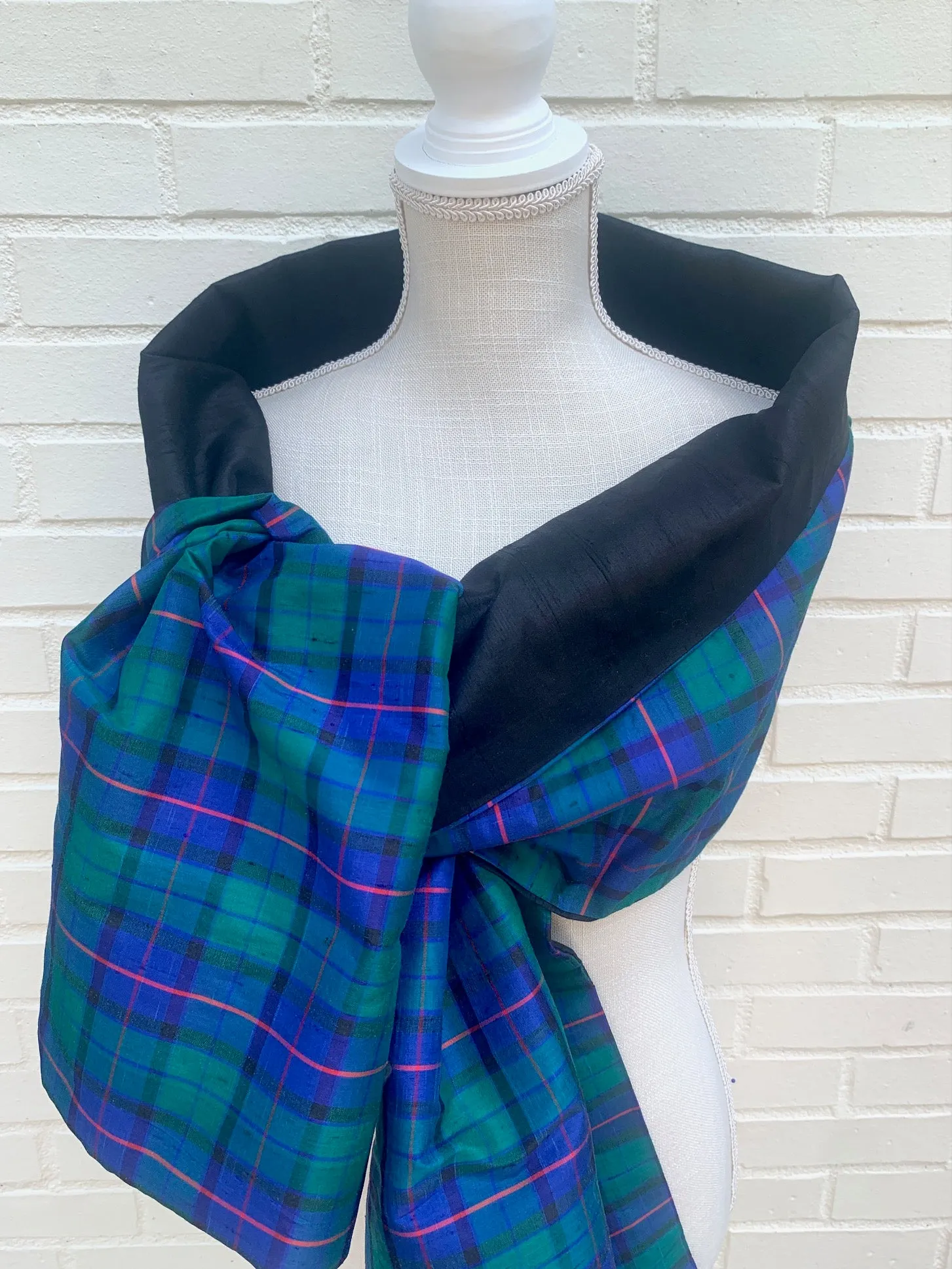 Silk Wrap in Blue & Green Plaid with Black (LW98)