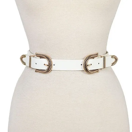 White Double Buckle Western Belt