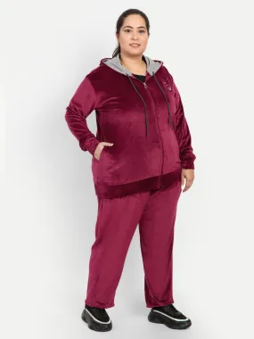 Womens Maroon Winter Velvet Cotton Tracksuit