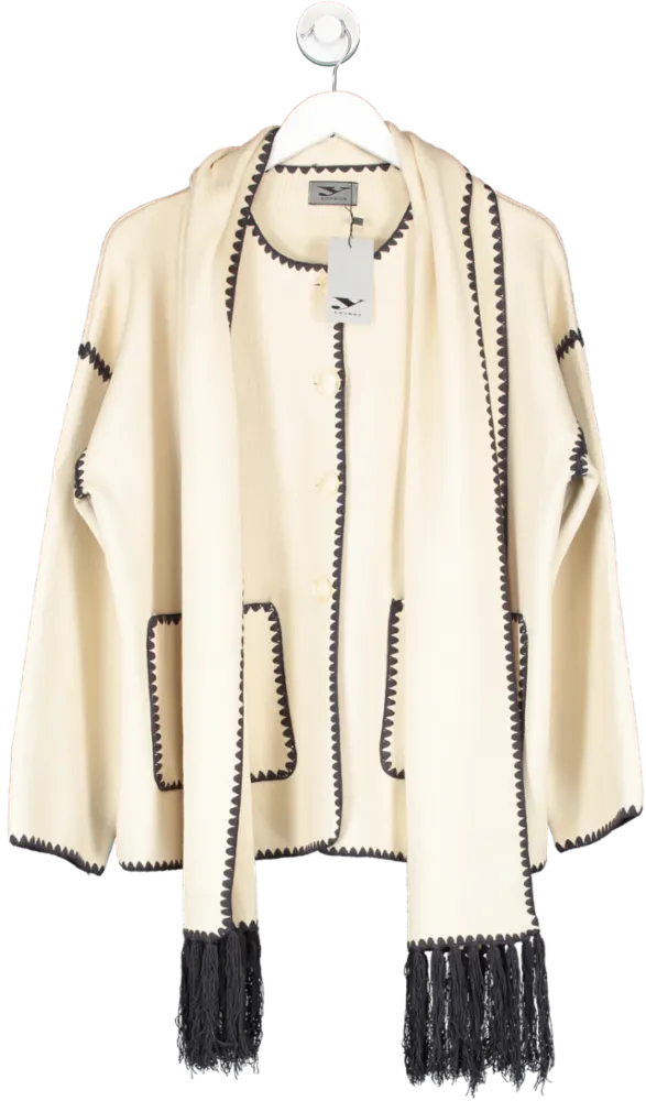 Y London Cream Isla Contrast Stitch Cardigan With Scarf One Size